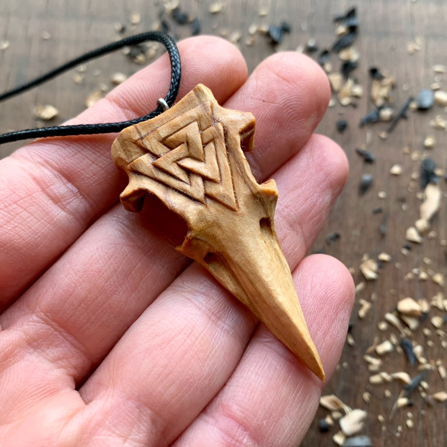 Raven Skull Valknut Wood Pendant