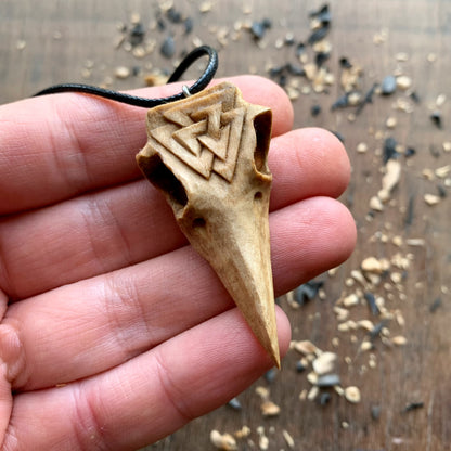 Raven Skull Valknut Wood Pendant