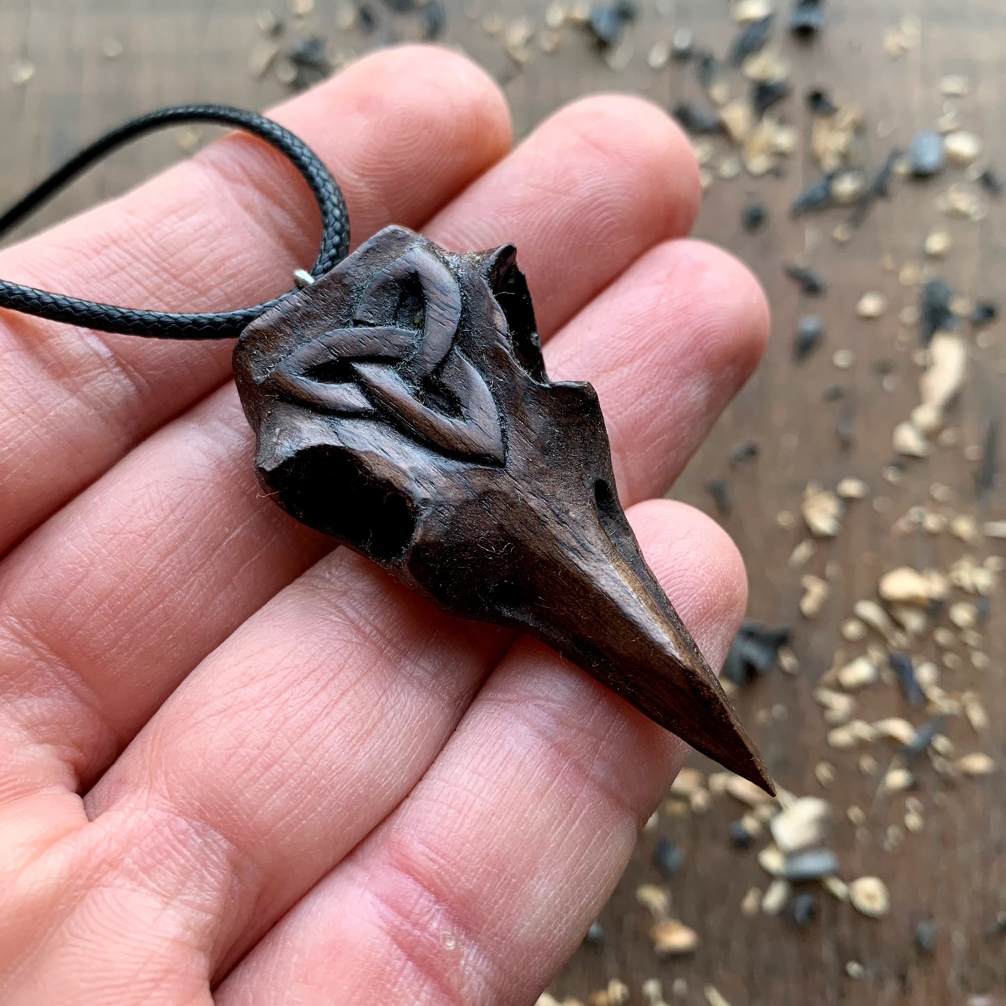 Raven Skull Triquetra Wood Pendant