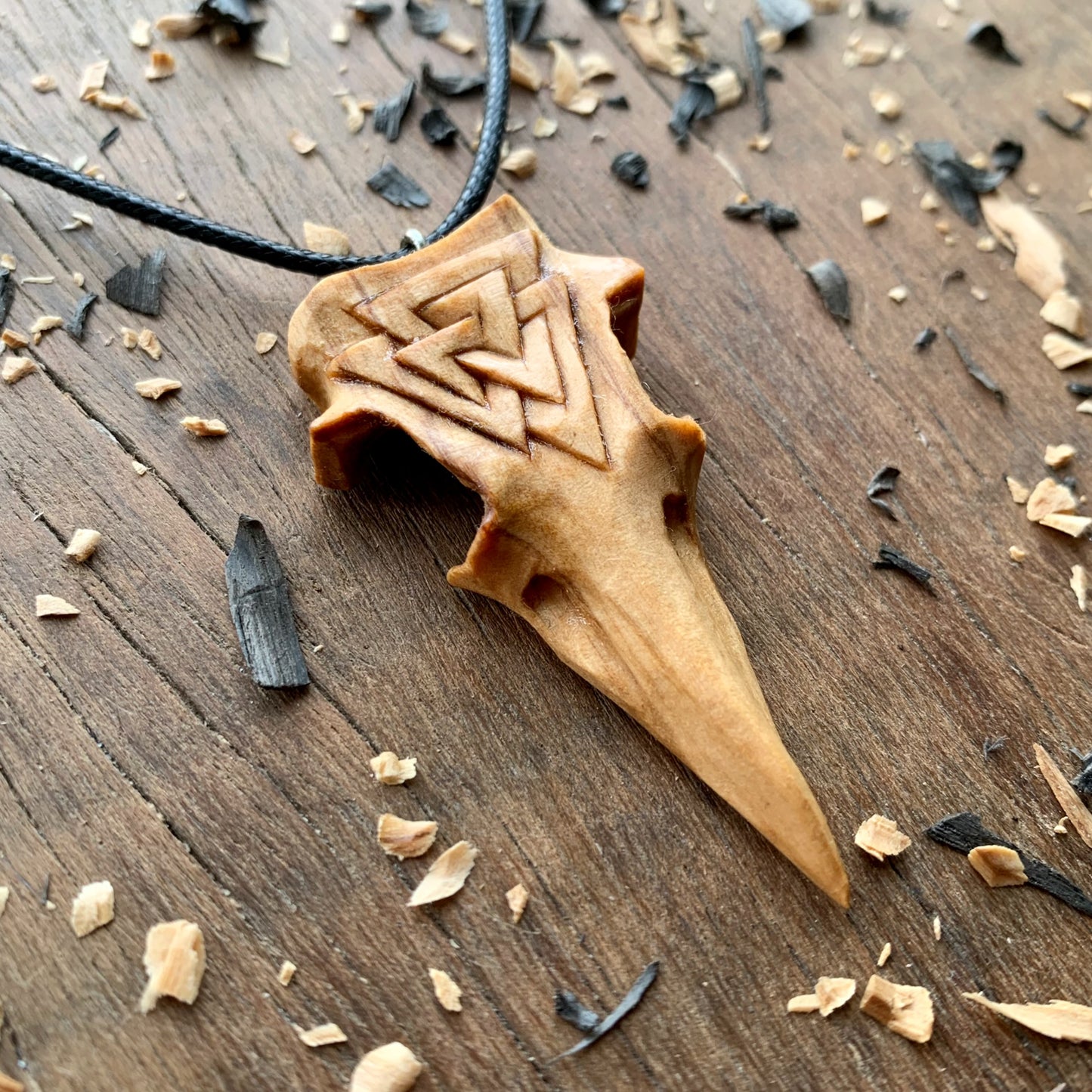 Raven Skull Valknut Wood Pendant