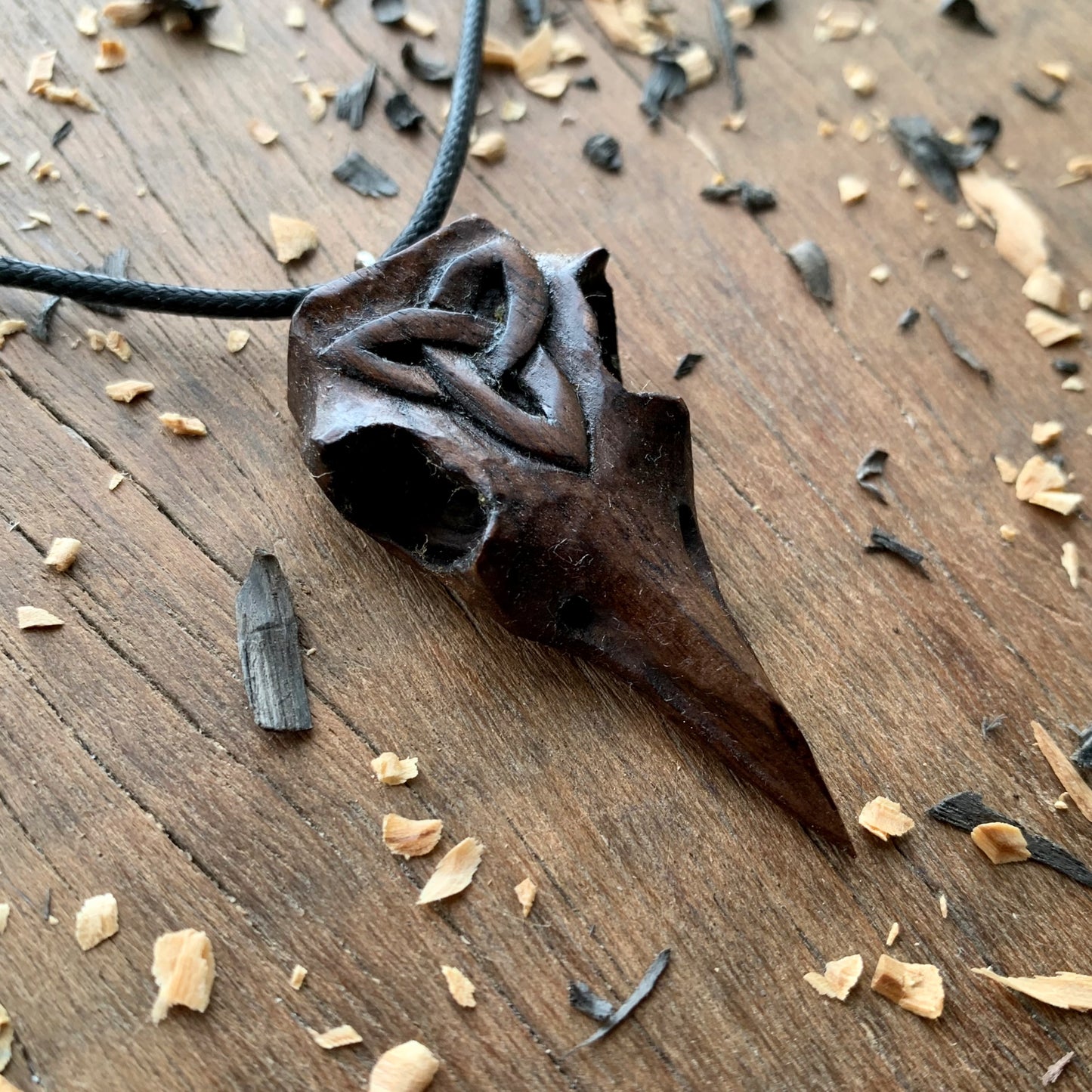 Raven Skull Triquetra Wood Pendant