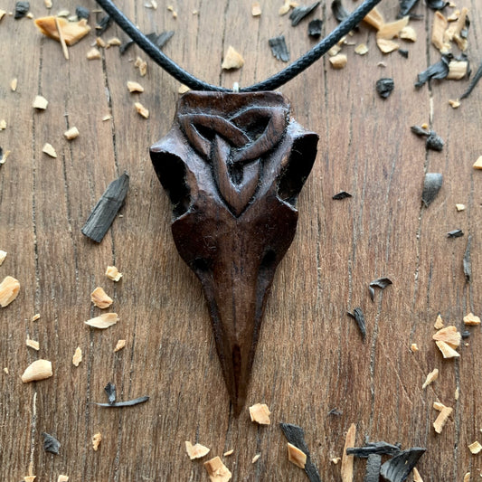 Raven Skull Triquetra Wood Pendant