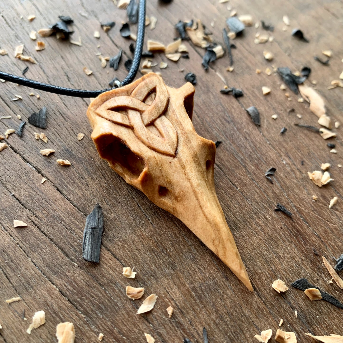 Raven Skull Triquetra Wood Pendant