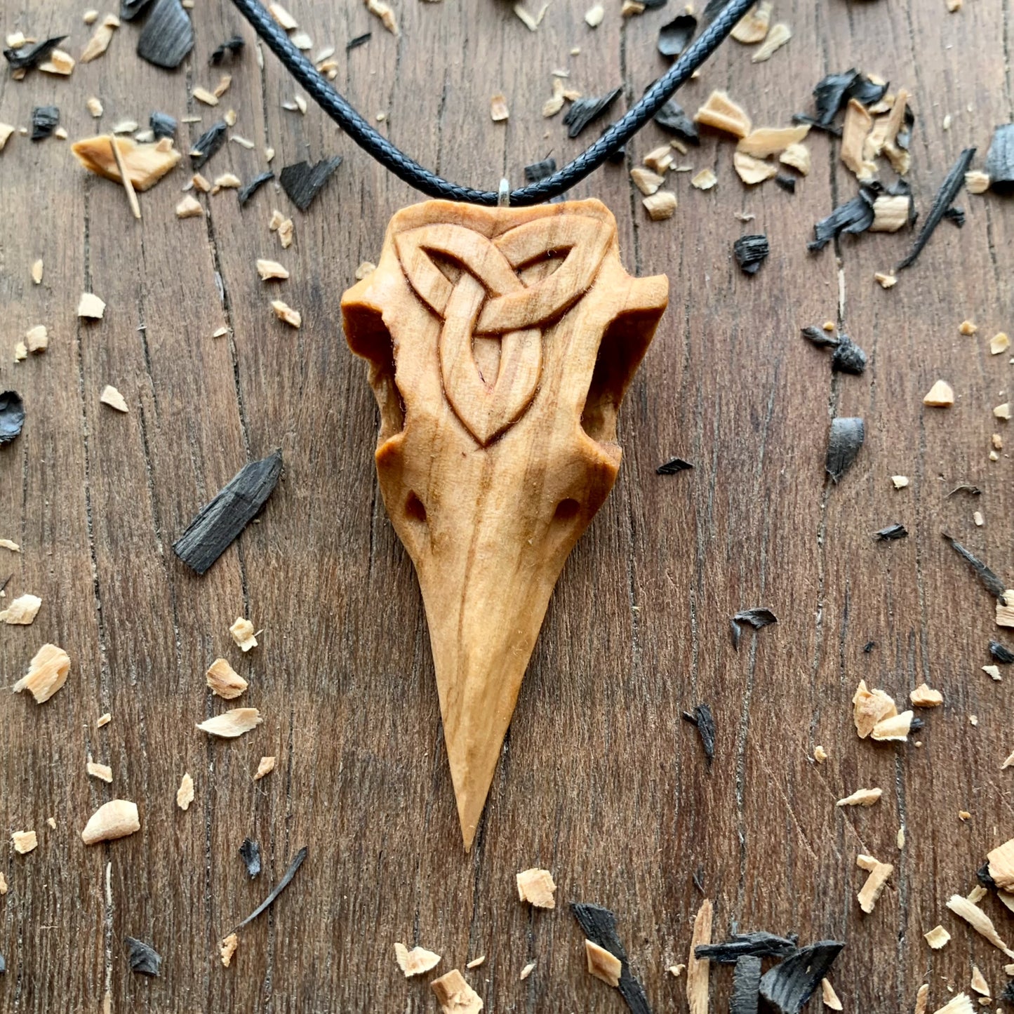 Raven Skull Triquetra Wood Pendant