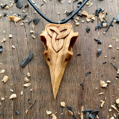 Raven Skull Triquetra Wood Pendant