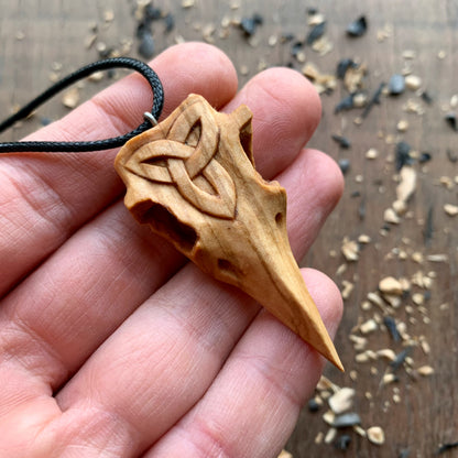 Raven Skull Triquetra Wood Pendant