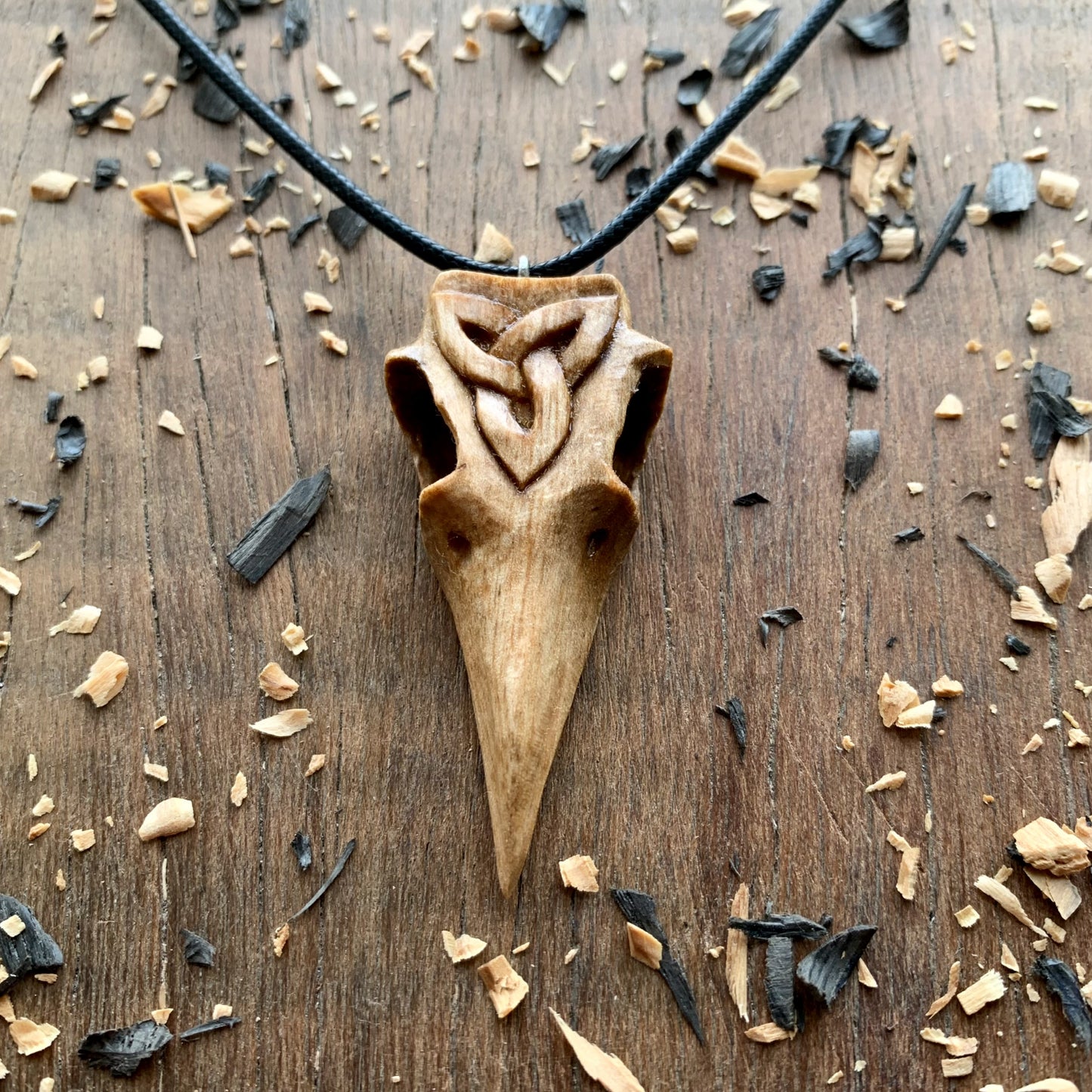 Raven Skull Triquetra Wood Pendant