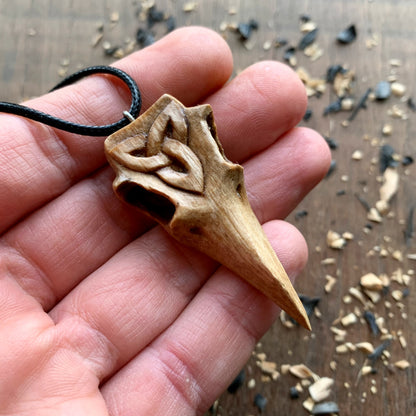 Raven Skull Triquetra Wood Pendant