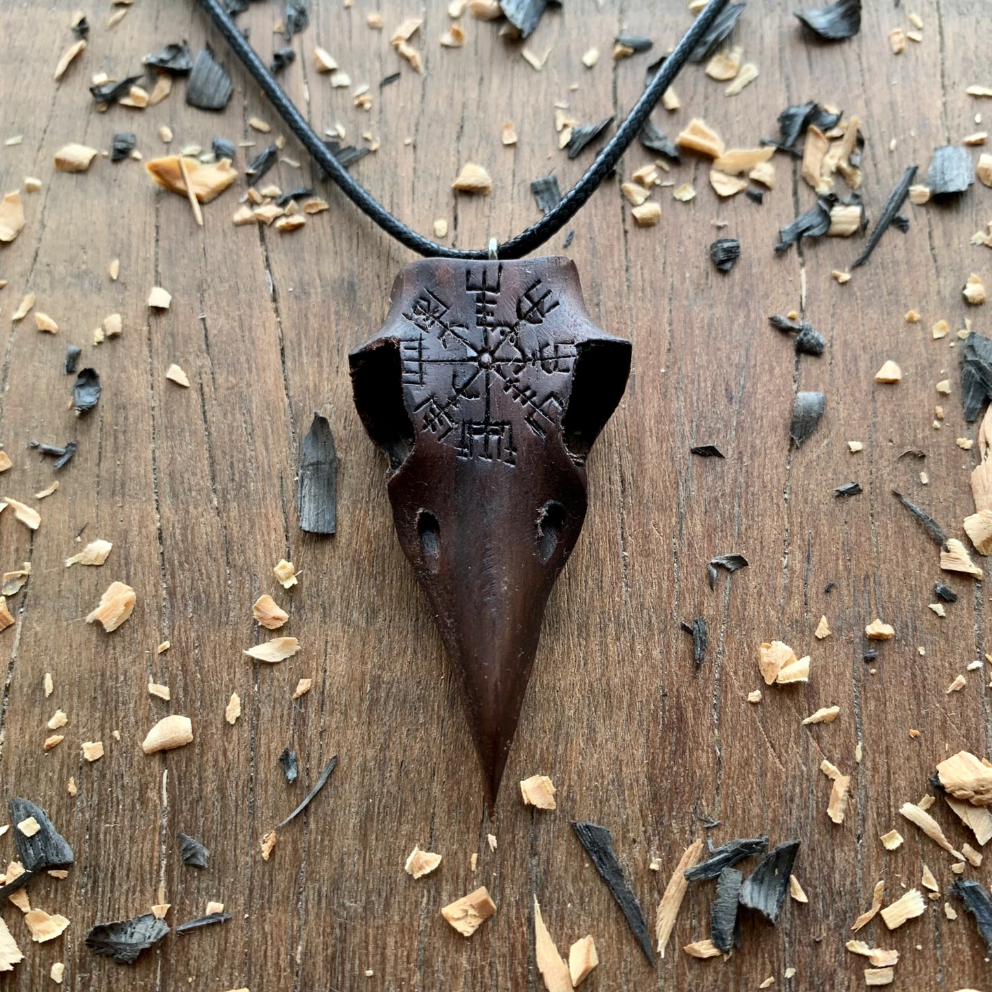 Raven Skull Vegvisir Walnut Wood Pendant