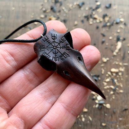 Raven Skull Vegvisir Walnut Wood Pendant