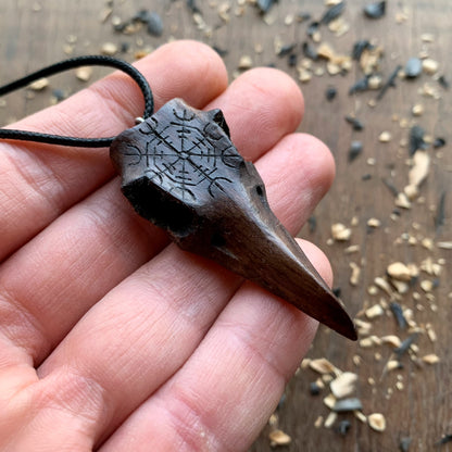 Raven Skull Aegishjalmur Walnut Wood Pendant