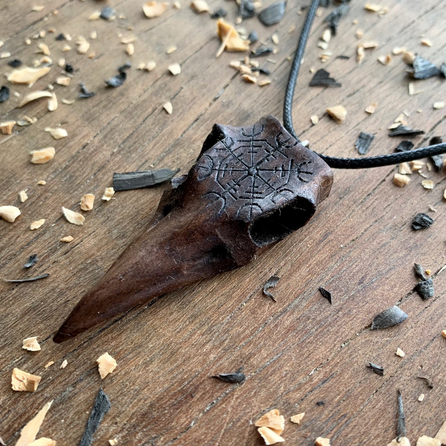 Raven Skull Aegishjalmur Walnut Wood Pendant