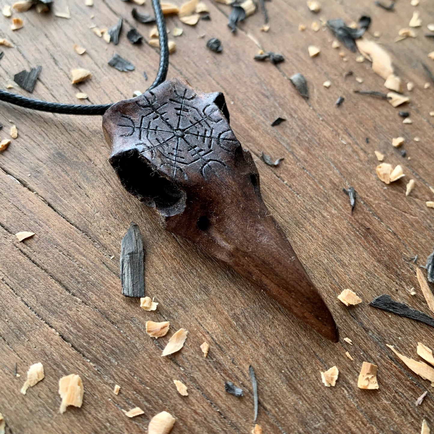 Raven Skull Aegishjalmur Walnut Wood Pendant