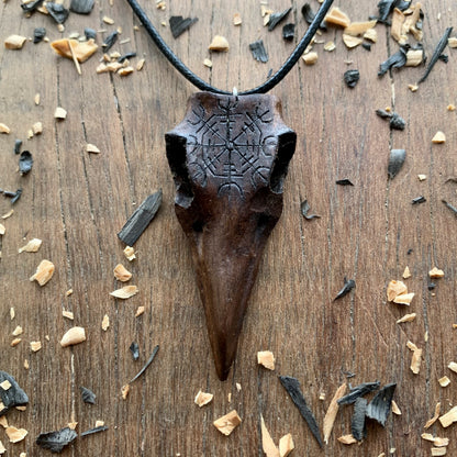 Raven Skull Aegishjalmur Walnut Wood Pendant