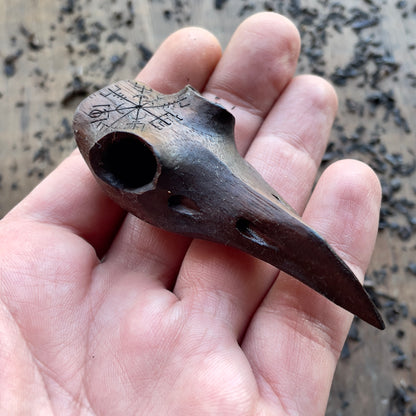 Raven skull wood sculpture