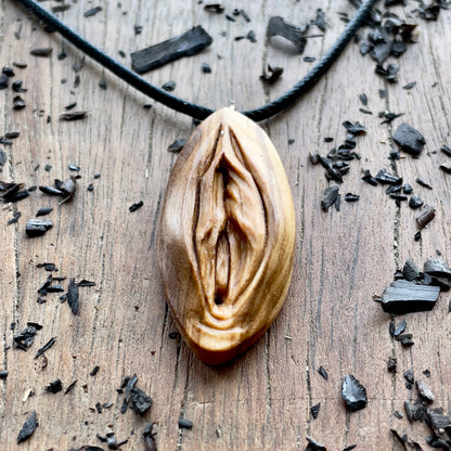 Vulva Pendant in Olive Wood