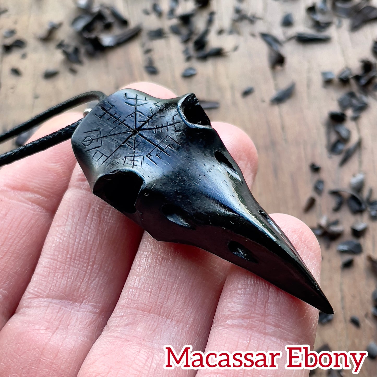 Raven Skull Vegvísir Ebony Wood Pendant