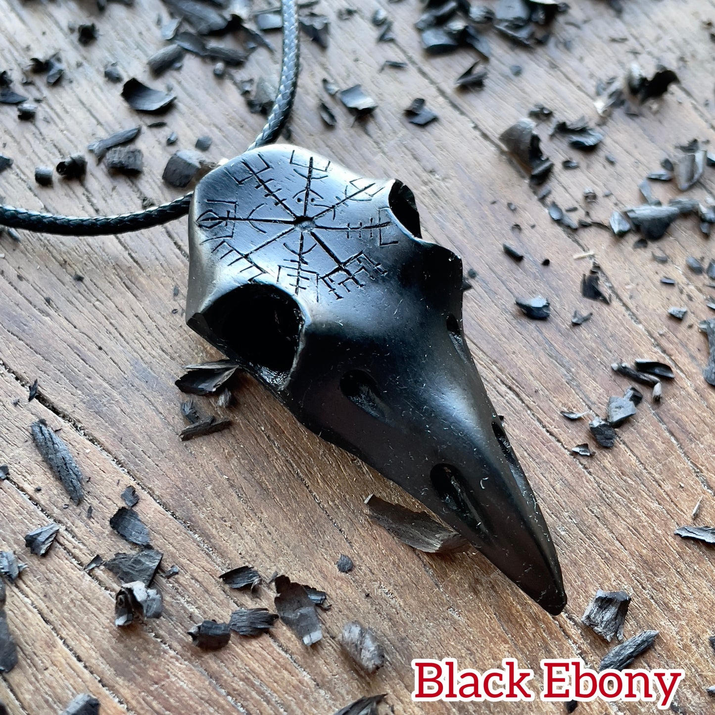 Raven Skull Vegvísir Ebony Wood Pendant