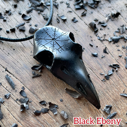 Raven Skull Vegvísir Ebony Wood Pendant
