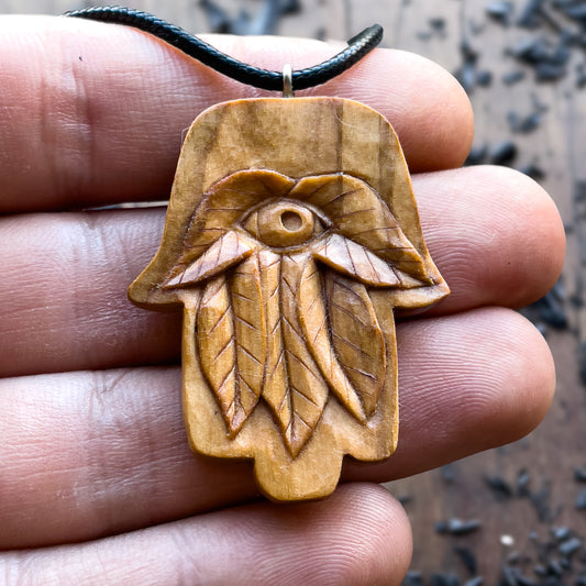 Hamsa With Leaves Olive Wood Pendant