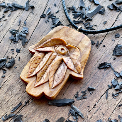 Hamsa With Leaves Olive Wood Pendant