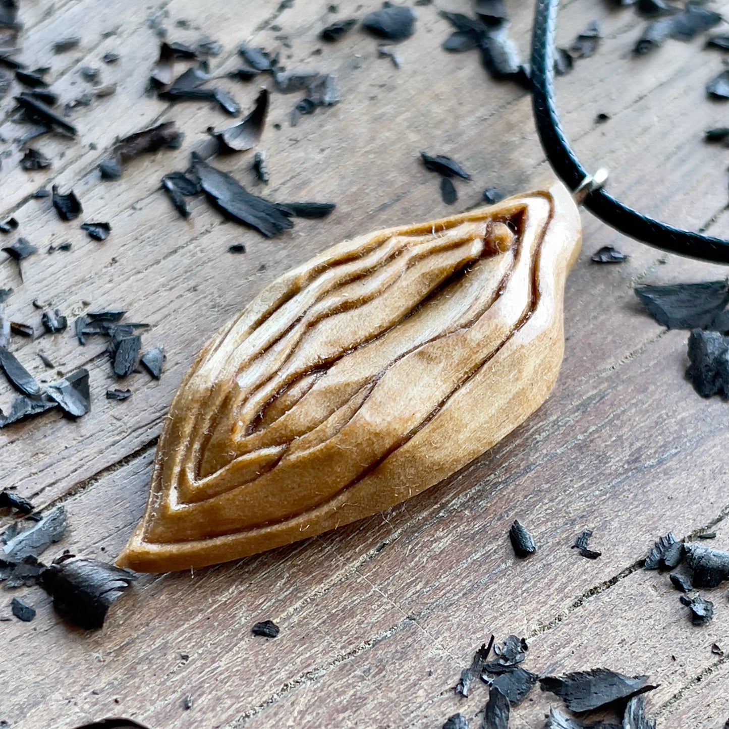 Abstract Vulva Pendant in Olive Wood