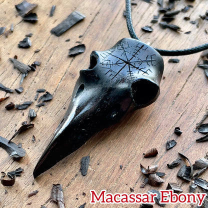 Raven Skull Vegvísir Ebony Wood Pendant
