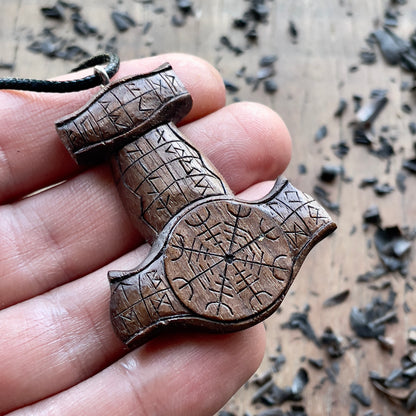 Mjölnir (Thor’s Hammer) Rune Pendant - Vegvísir or Helm of Awe