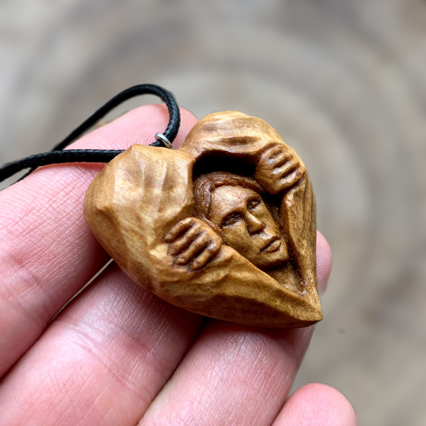 Girl Opening Heart Walnut Wood Necklace, Hand Carved Pendant