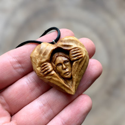 Girl Opening Heart Walnut Wood Necklace, Hand Carved Pendant