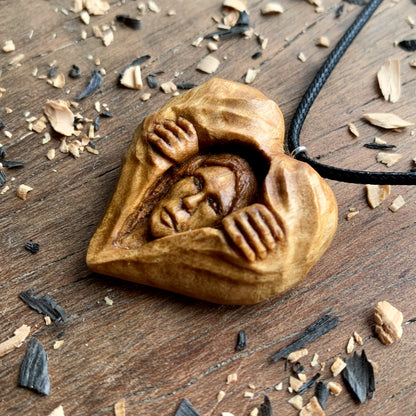 Girl Opening Heart Walnut Wood Necklace, Hand Carved Pendant