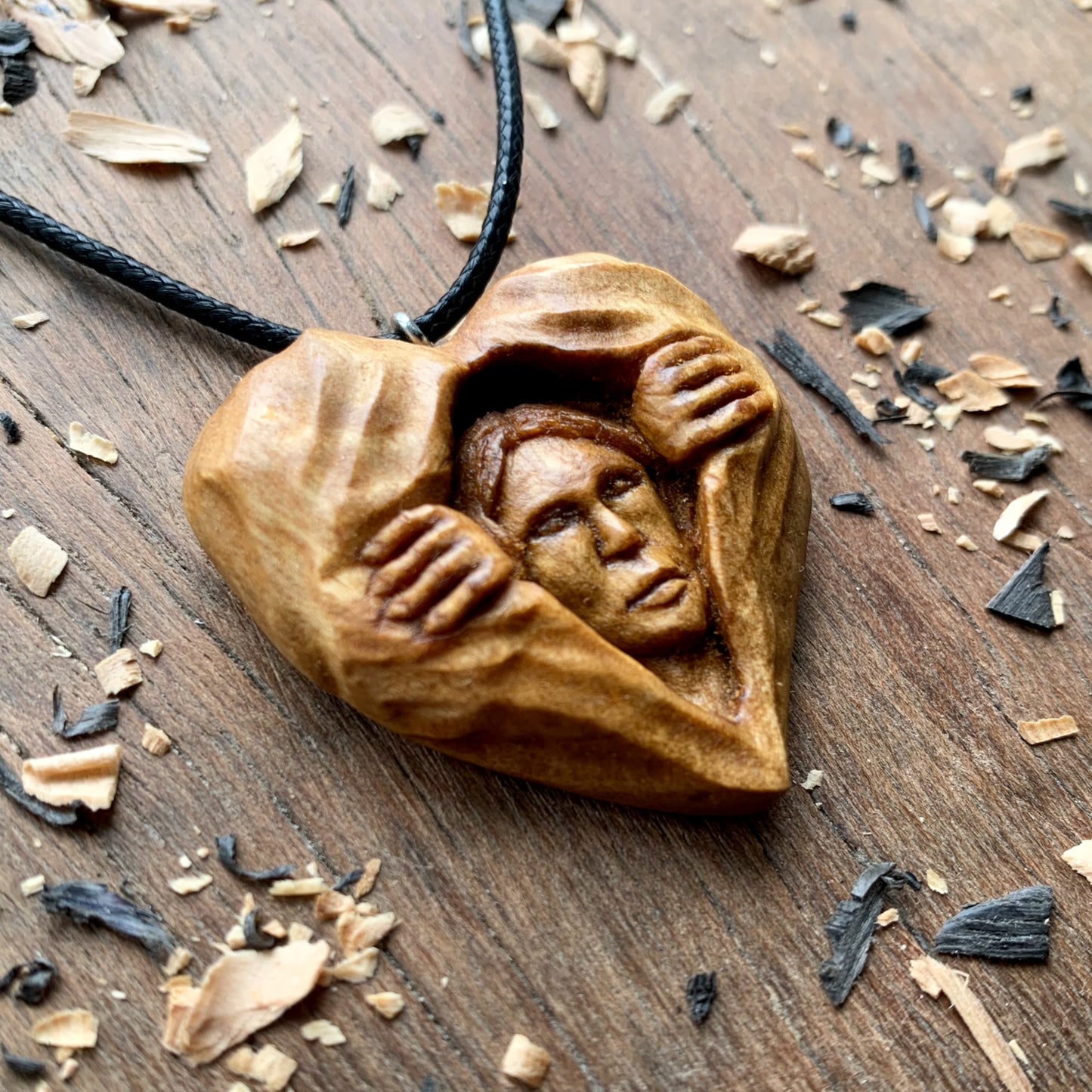 Girl Opening Heart Walnut Wood Necklace, Hand Carved Pendant