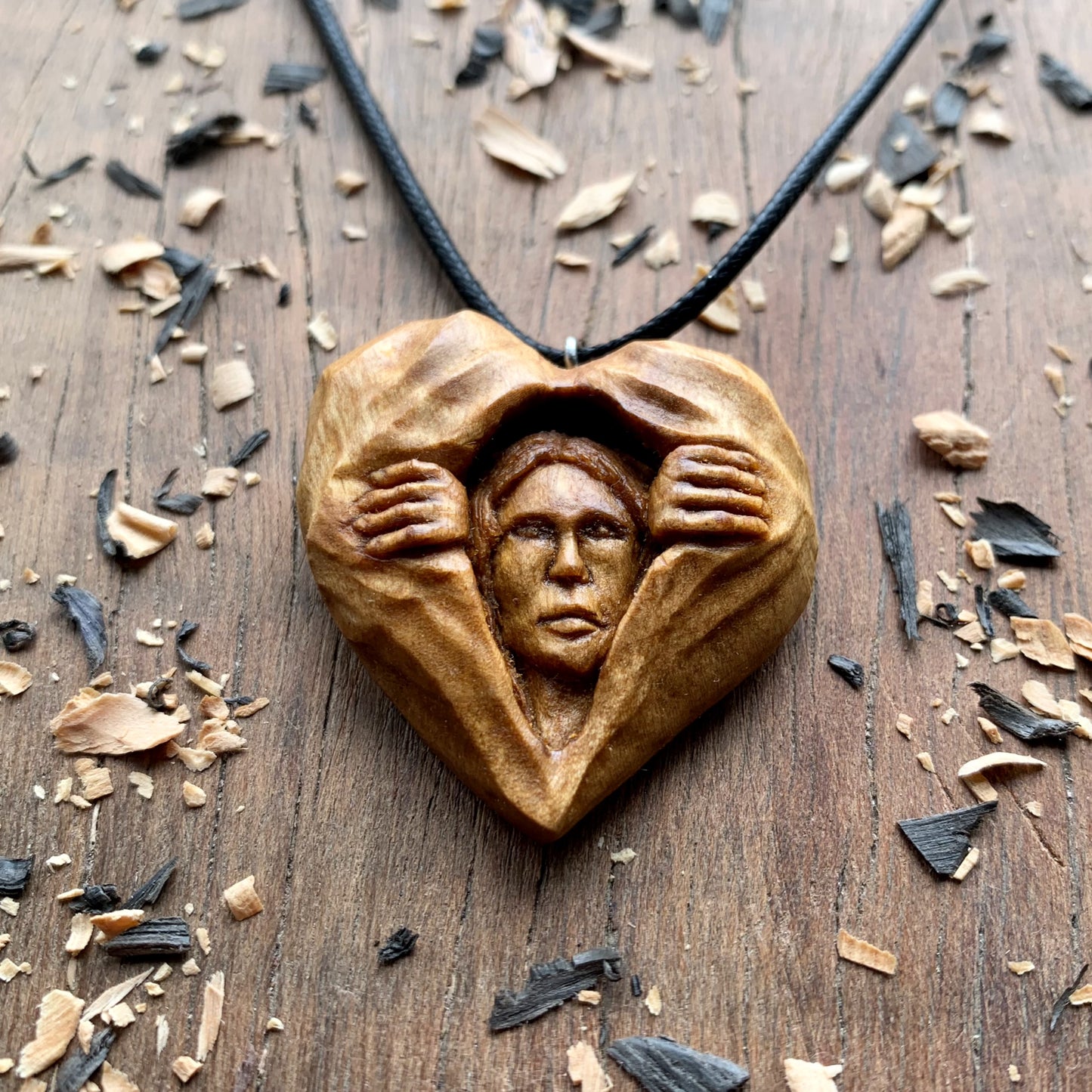 Girl Opening Heart Walnut Wood Necklace, Hand Carved Pendant