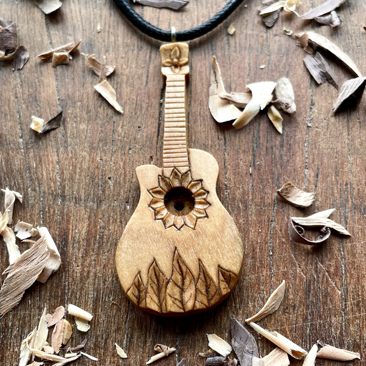 Acoustic Guitar Of Flower And Leaves Design Pendant