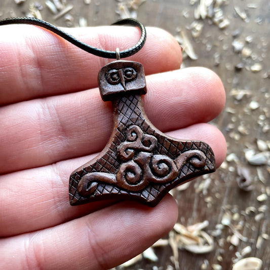 Mjolnir Triskelion Walnut Wood Pendant