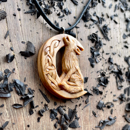 Wolf on the Moon Pendant with Triquetra