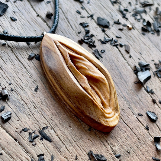 Vulva Pendant in Olive Wood