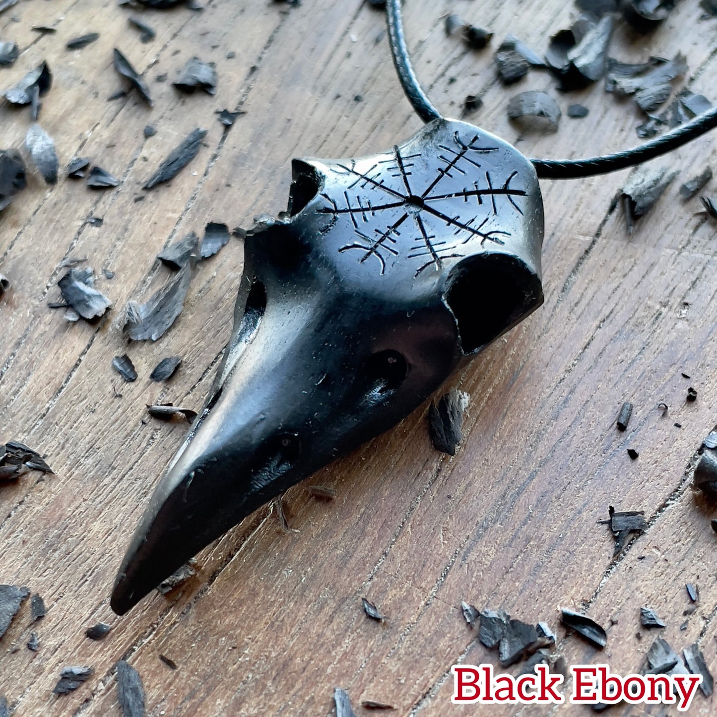 Raven Skull Helm Of Awe Ebony Wood Pendant