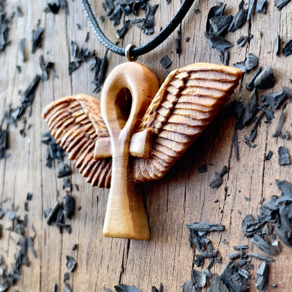 Ankh with Wings Necklace, Handmade Olive Wood Pendant