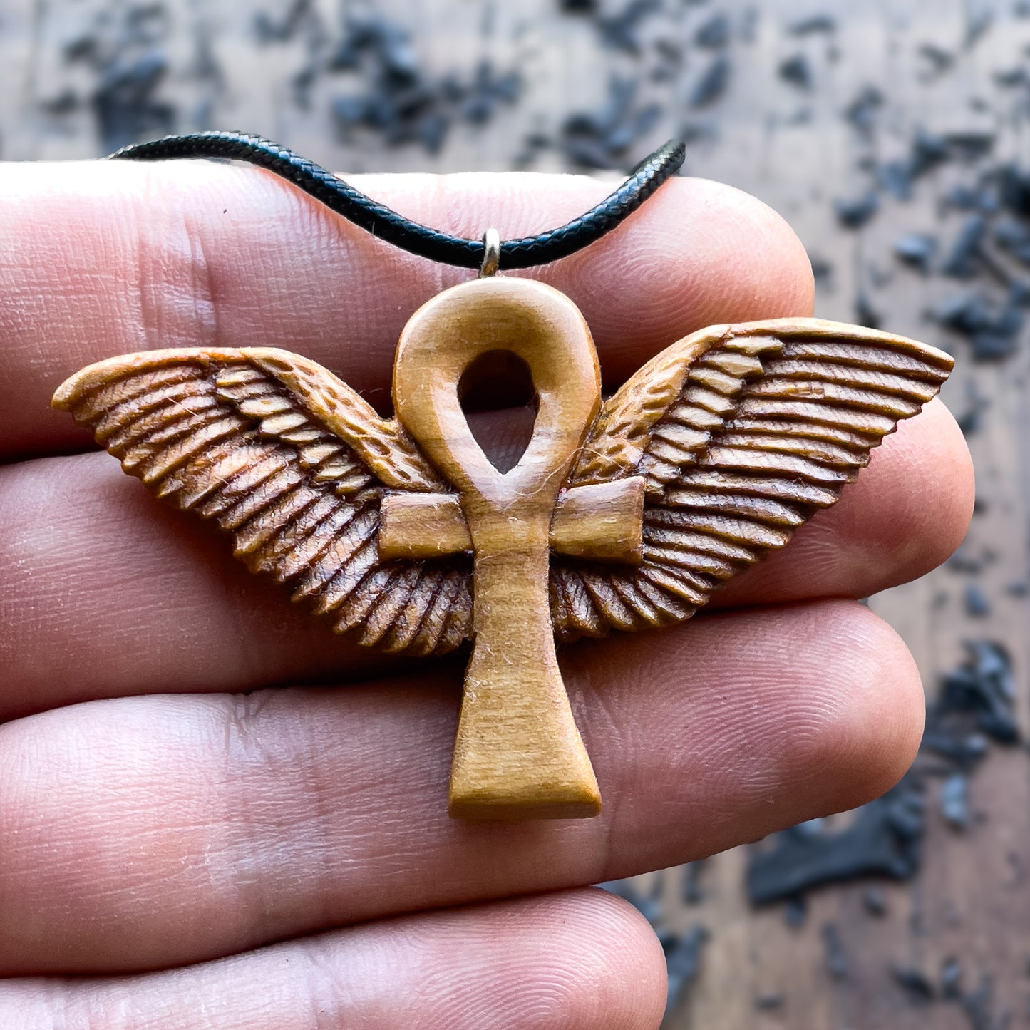 Ankh with Wings Necklace, Handmade Olive Wood Pendant