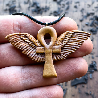 Ankh with Wings Necklace, Handmade Olive Wood Pendant