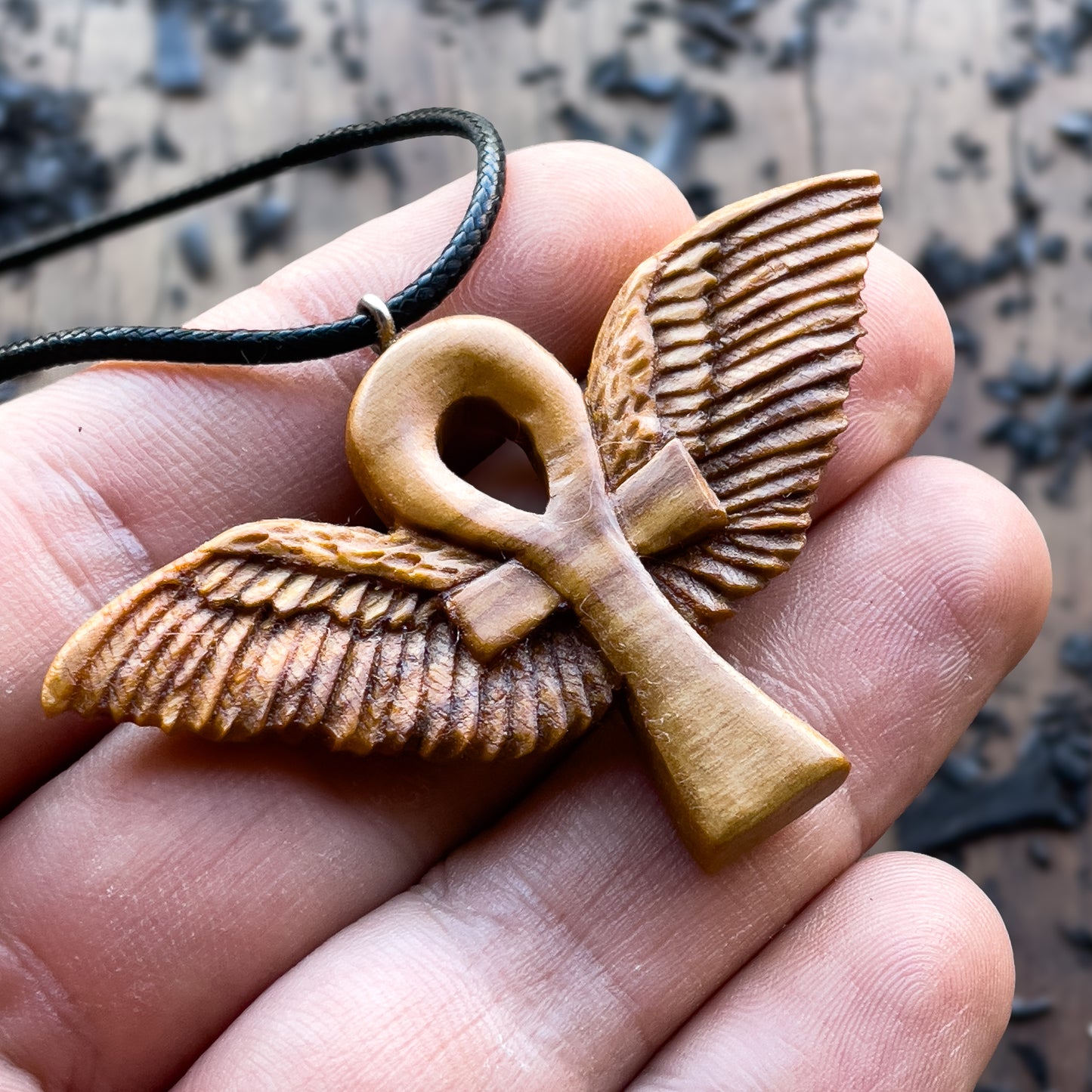Ankh with Wings Necklace, Handmade Olive Wood Pendant