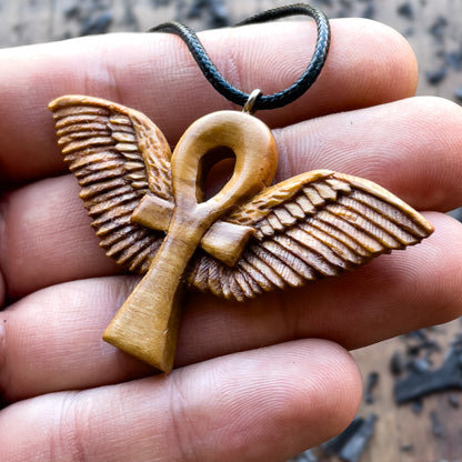 Ankh with Wings Necklace, Handmade Olive Wood Pendant