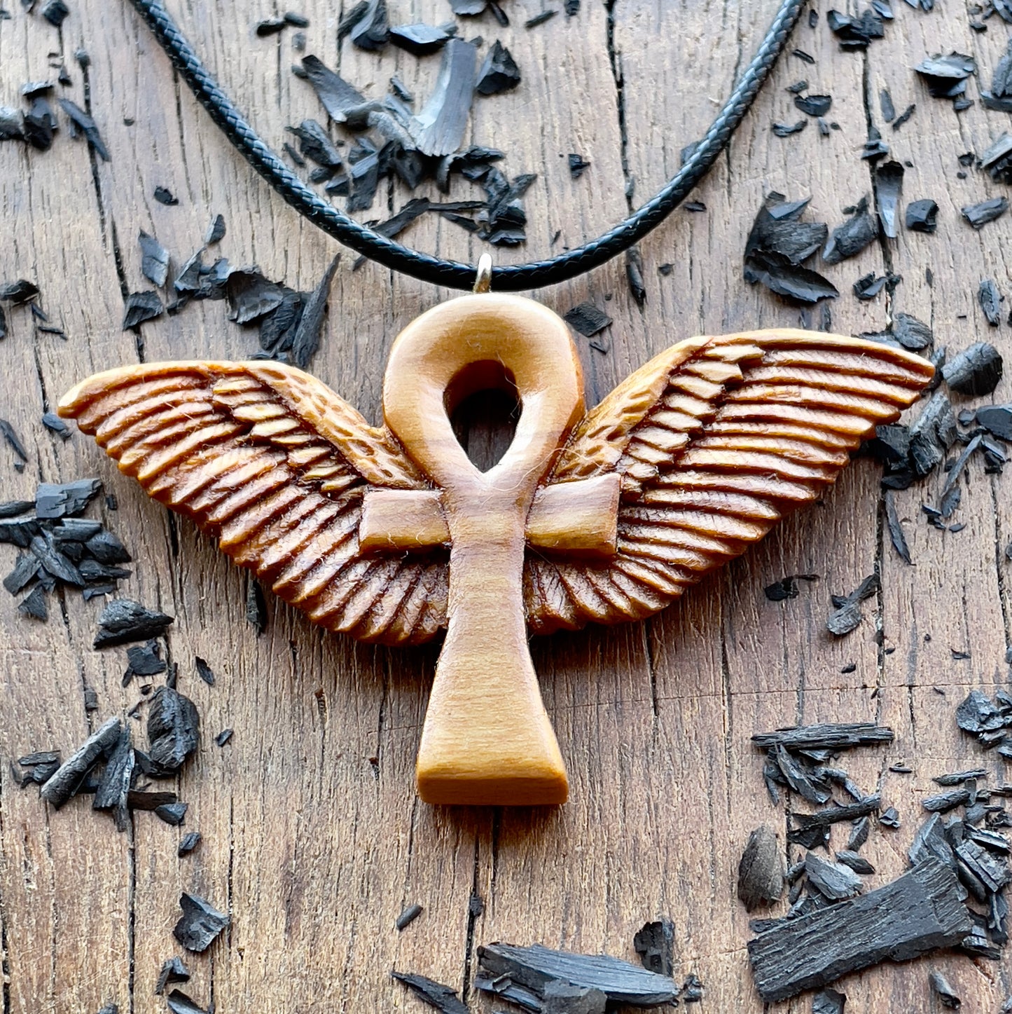 Ankh with Wings Necklace, Handmade Olive Wood Pendant