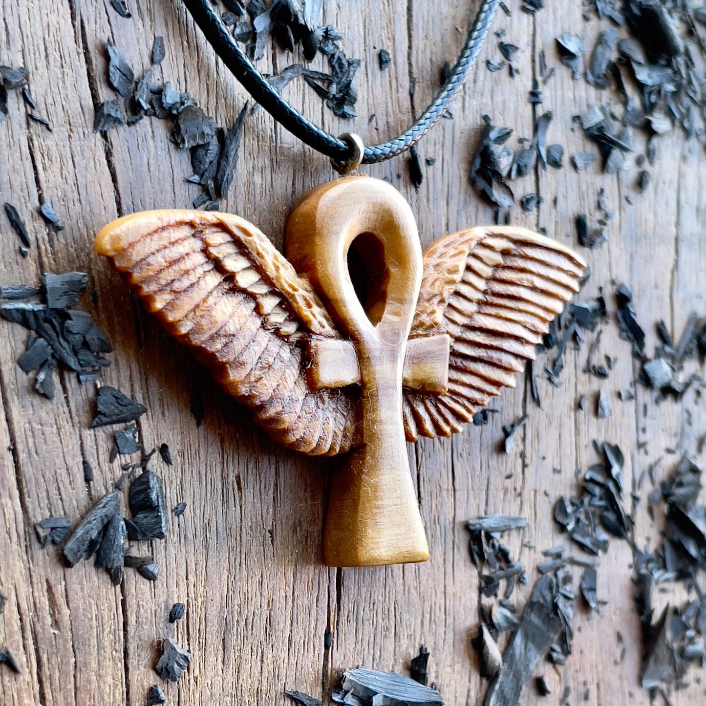 Ankh with Wings Necklace, Handmade Olive Wood Pendant