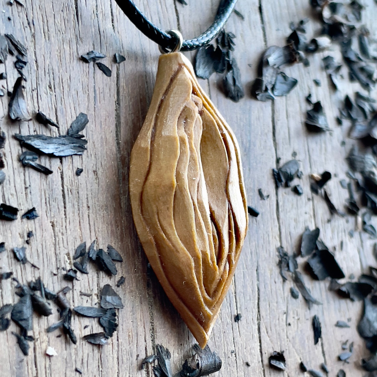 Abstract Vulva Pendant in Olive Wood