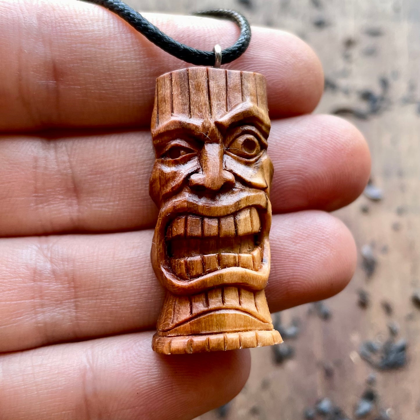 Winking Tiki Mask Plum Wood Pendant