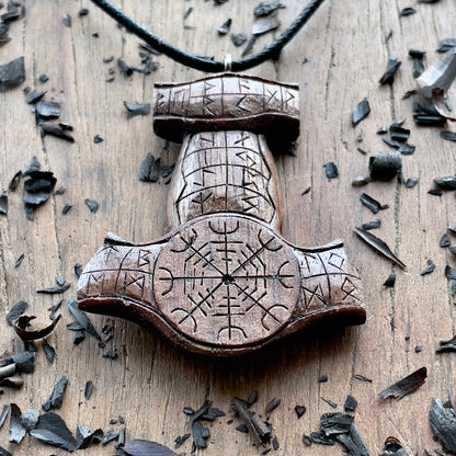 Mjölnir (Thor’s Hammer) Rune Pendant - Vegvísir or Helm of Awe