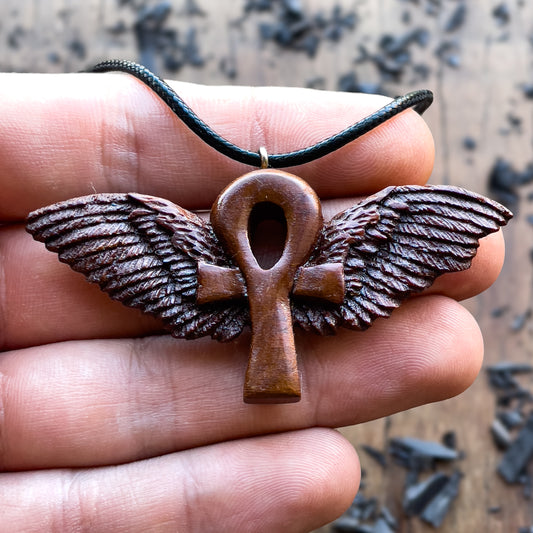 Ankh with Wings Almond Wood Pendant