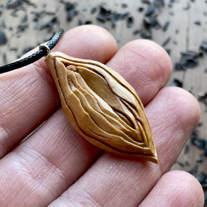 Abstract Vulva Pendant in Olive Wood